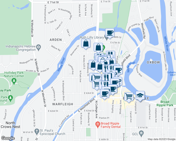 map of restaurants, bars, coffee shops, grocery stores, and more near 6433 Broadway Street in Indianapolis