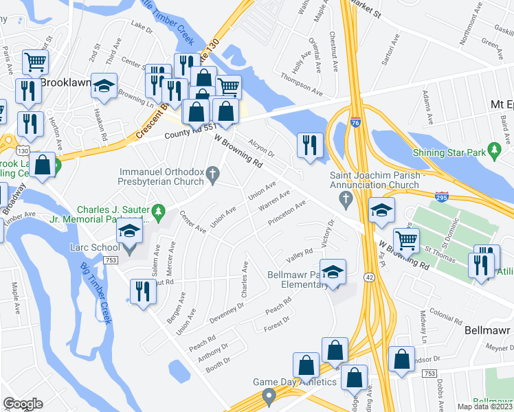 map of restaurants, bars, coffee shops, grocery stores, and more near 71 Warren Avenue in Bellmawr