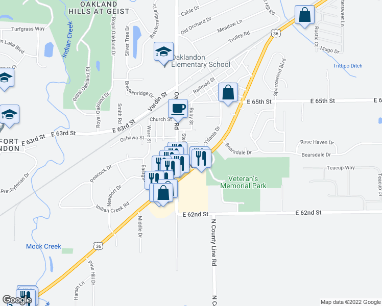 map of restaurants, bars, coffee shops, grocery stores, and more near 11832 Simcoe Street in Indianapolis