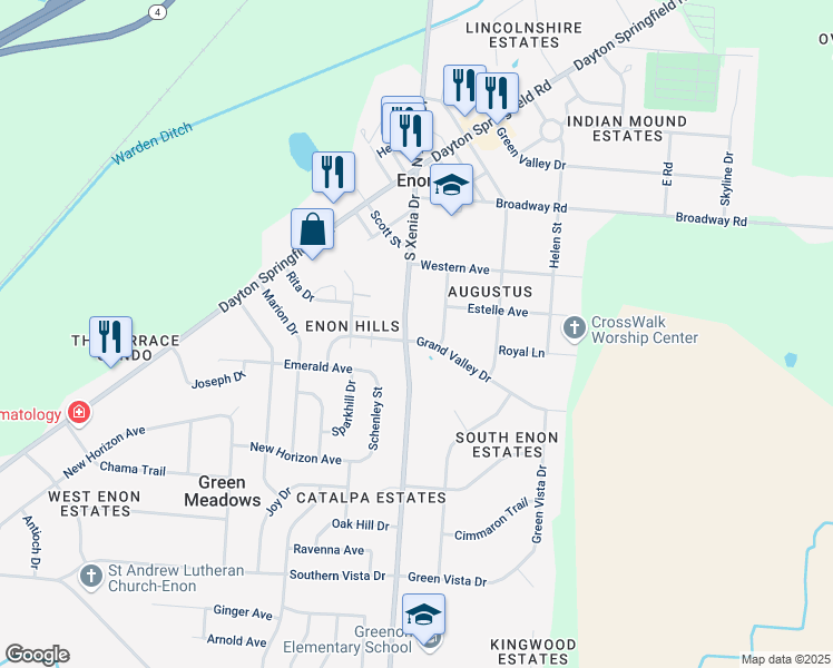 map of restaurants, bars, coffee shops, grocery stores, and more near 20 Grand Valley Drive in Enon