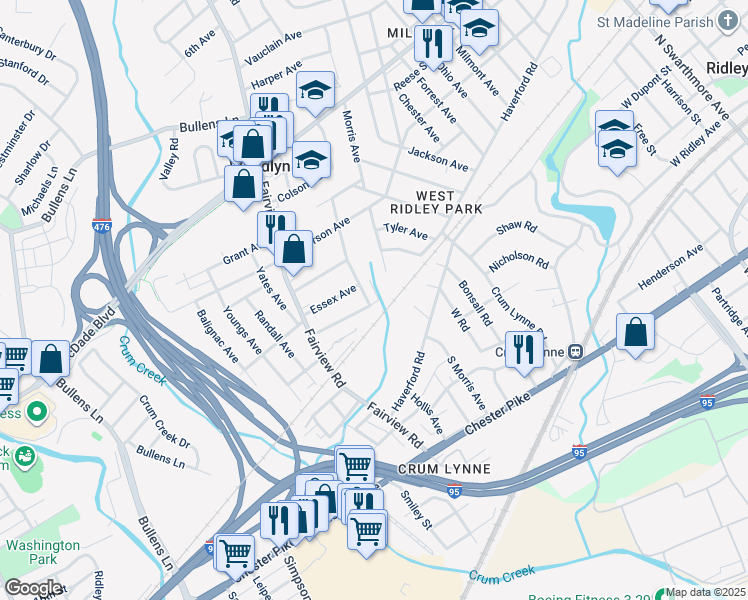 map of restaurants, bars, coffee shops, grocery stores, and more near 130 South Taylor Avenue in Woodlyn