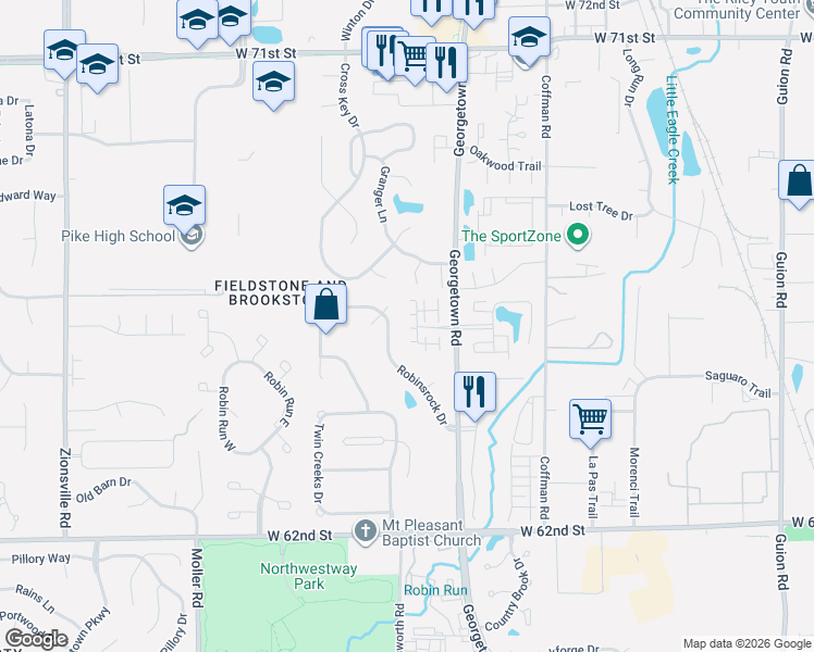 map of restaurants, bars, coffee shops, grocery stores, and more near 6449 Robinsrock Drive in Indianapolis