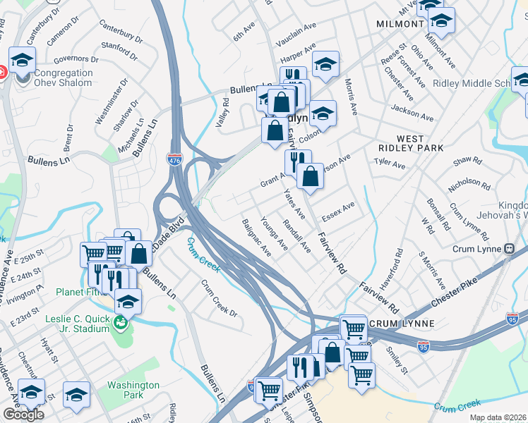 map of restaurants, bars, coffee shops, grocery stores, and more near 181 Youngs Avenue in Woodlyn