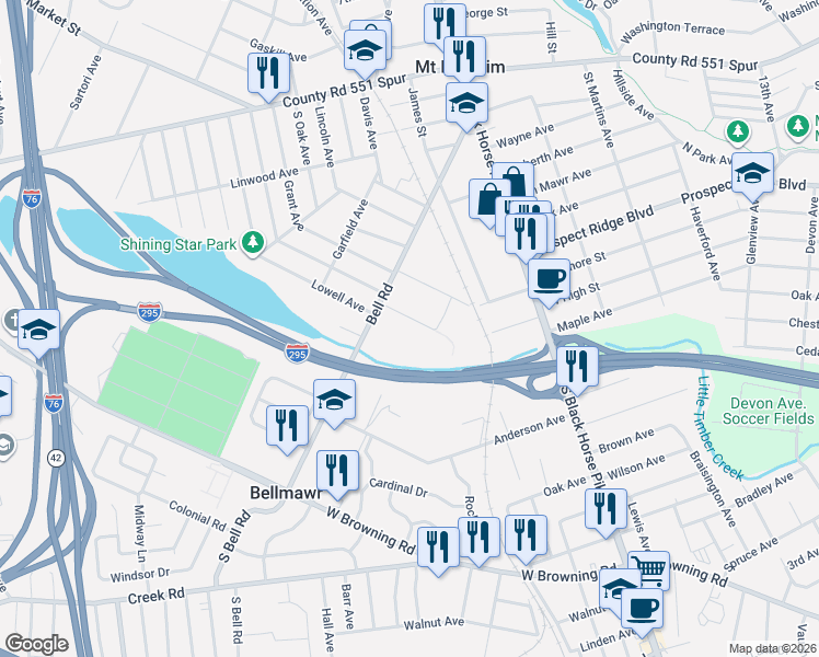 map of restaurants, bars, coffee shops, grocery stores, and more near 162 Rudderow Avenue in Mount Ephraim