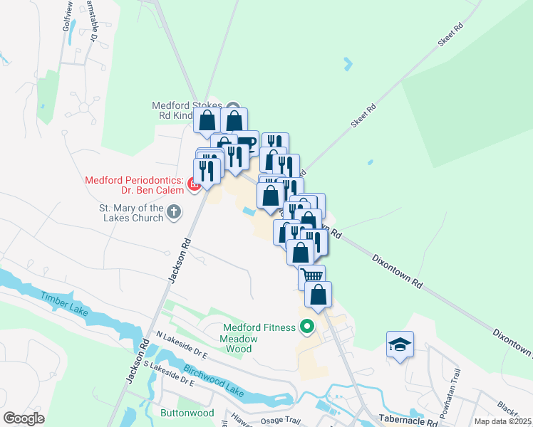 map of restaurants, bars, coffee shops, grocery stores, and more near 560 Stokes Rd in Medford
