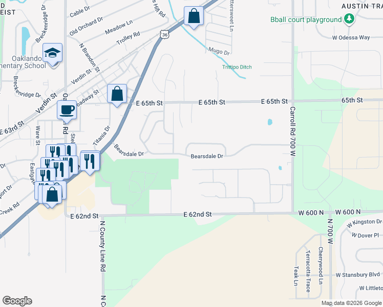 map of restaurants, bars, coffee shops, grocery stores, and more near 12332 Bearsdale Drive in Indianapolis
