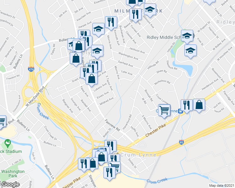 map of restaurants, bars, coffee shops, grocery stores, and more near 130 South Taylor Avenue in Woodlyn