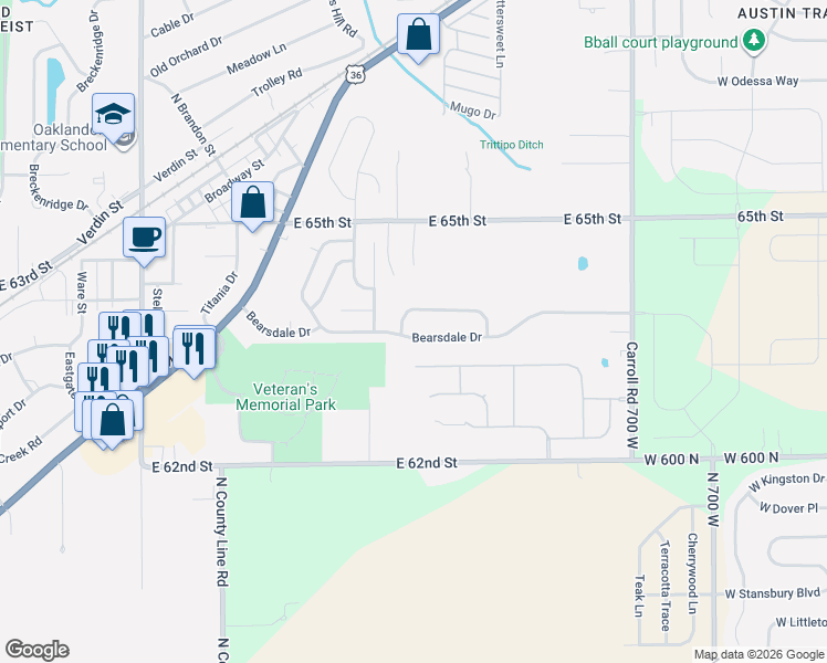 map of restaurants, bars, coffee shops, grocery stores, and more near 12332 Teacup Way in Indianapolis