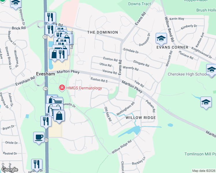 map of restaurants, bars, coffee shops, grocery stores, and more near 28 Abbotsford Drive in Evesham