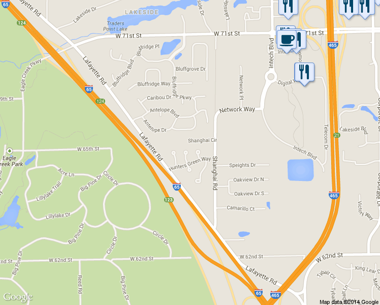 map of restaurants, bars, coffee shops, grocery stores, and more near 6477 Hunters Green Place in Indianapolis