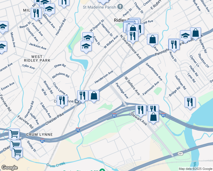 map of restaurants, bars, coffee shops, grocery stores, and more near 203 Chester Pike in Ridley Park