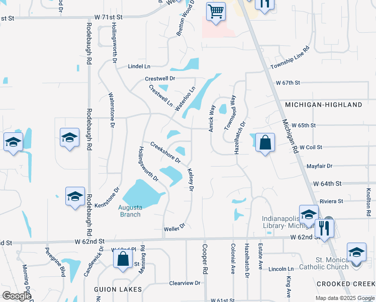 map of restaurants, bars, coffee shops, grocery stores, and more near 3210 Creekshore Drive in Indianapolis