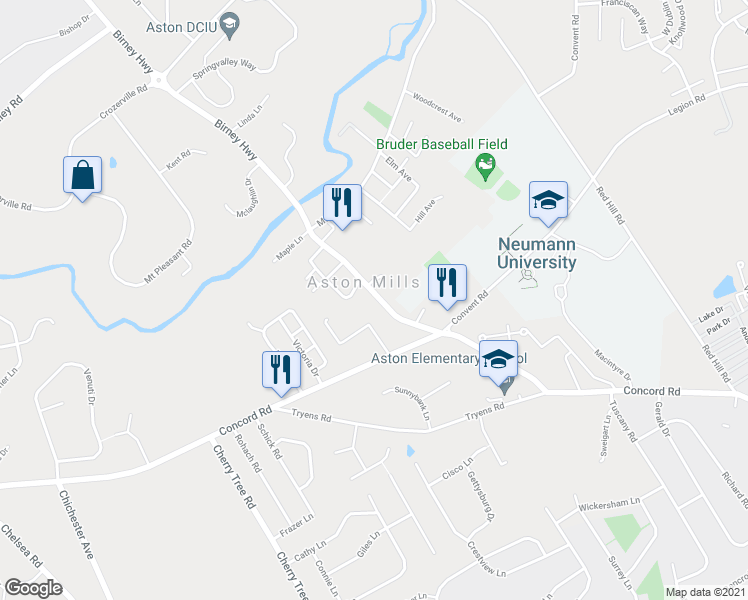 map of restaurants, bars, coffee shops, grocery stores, and more near 4161 Aston Mills Road in Aston