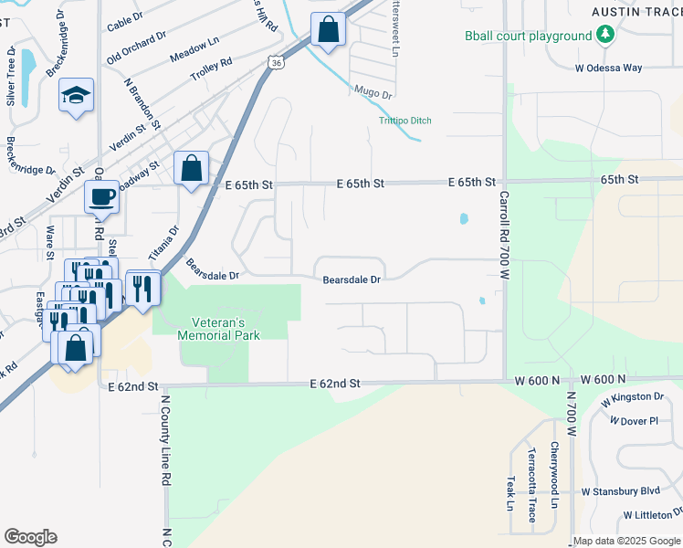 map of restaurants, bars, coffee shops, grocery stores, and more near 12404 Teacup Way in Indianapolis