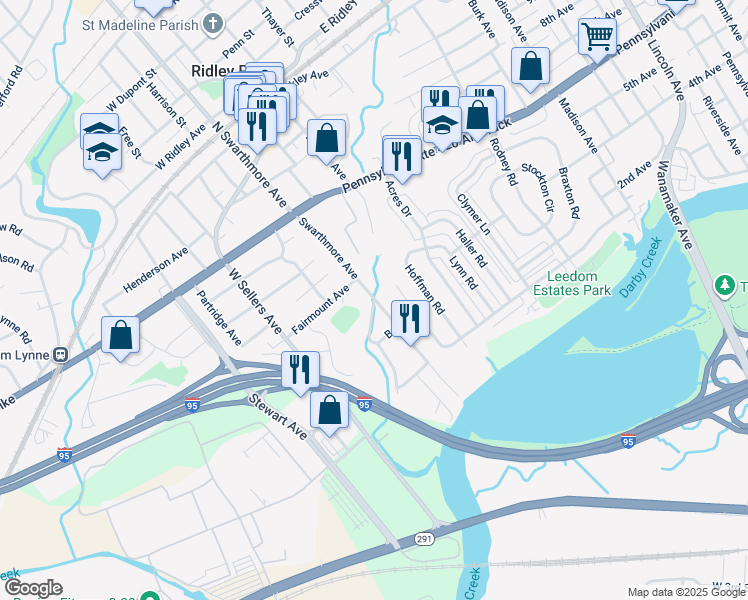 map of restaurants, bars, coffee shops, grocery stores, and more near 101 South Swarthmore Avenue in Ridley Park