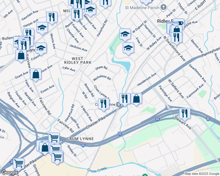 map of restaurants, bars, coffee shops, grocery stores, and more near 24 E Belair Rd in Ridley Park