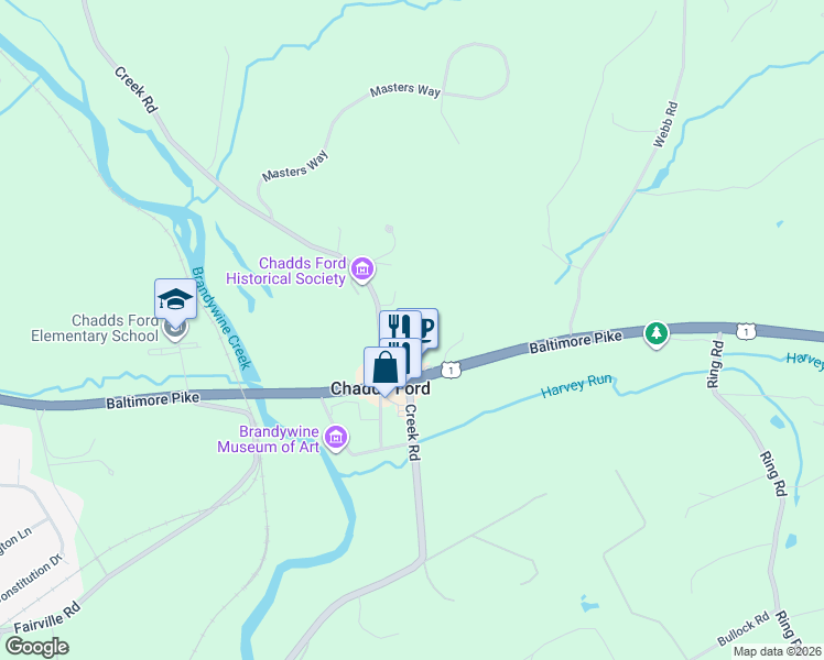 map of restaurants, bars, coffee shops, grocery stores, and more near 1609 Baltimore Pike in Chadds Ford
