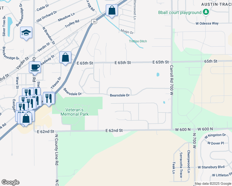 map of restaurants, bars, coffee shops, grocery stores, and more near 12404 Teacup Way in Indianapolis