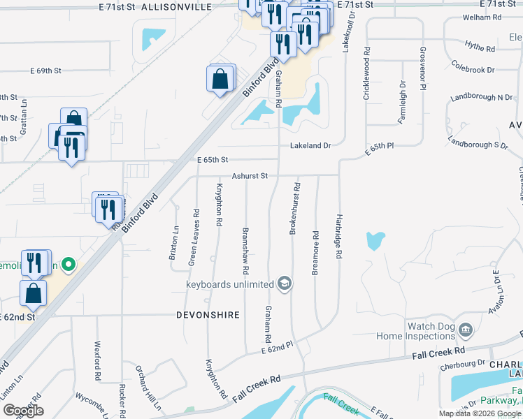 map of restaurants, bars, coffee shops, grocery stores, and more near 6407 Bramshaw Road in Indianapolis