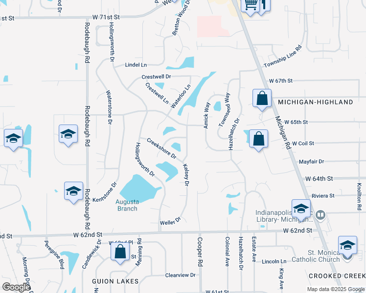 map of restaurants, bars, coffee shops, grocery stores, and more near 3210 Creekshore Drive in Indianapolis