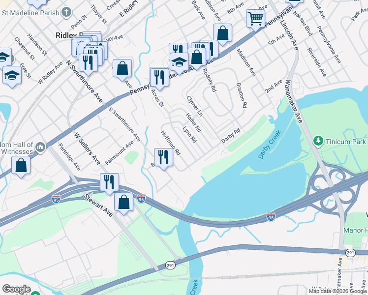 map of restaurants, bars, coffee shops, grocery stores, and more near 245 Hoffman Road in Ridley Park