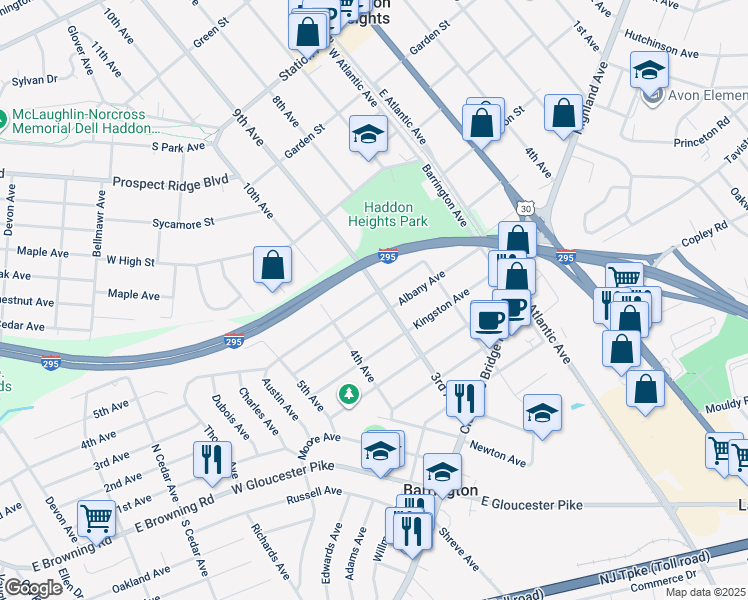 map of restaurants, bars, coffee shops, grocery stores, and more near 302 Austin Avenue in Barrington