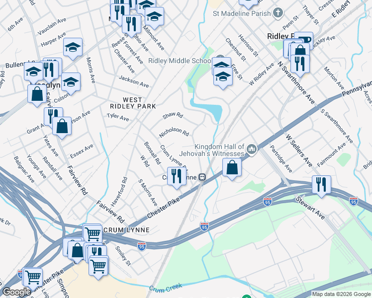 map of restaurants, bars, coffee shops, grocery stores, and more near 403 Crum Lynne Road in Ridley Park