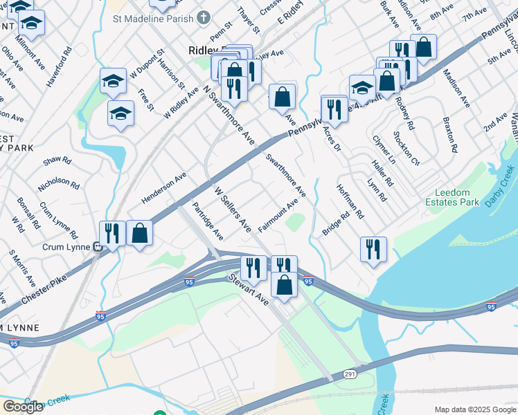 map of restaurants, bars, coffee shops, grocery stores, and more near 113 Baldwin Avenue in Ridley Park