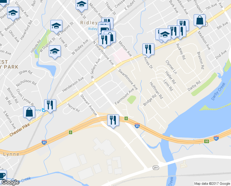 map of restaurants, bars, coffee shops, grocery stores, and more near 113 Baldwin Avenue in Ridley Park