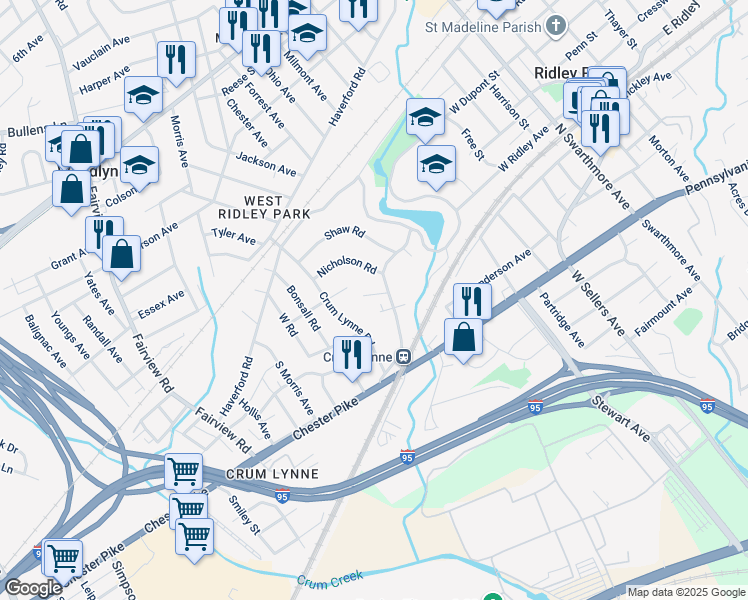 map of restaurants, bars, coffee shops, grocery stores, and more near 24 E Belair Rd in Ridley Park