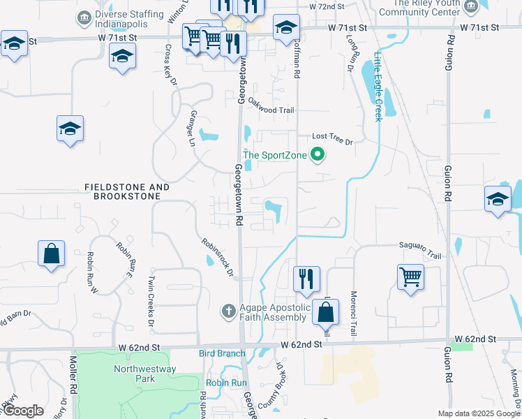 map of restaurants, bars, coffee shops, grocery stores, and more near 6475 Excalibur Court in Indianapolis