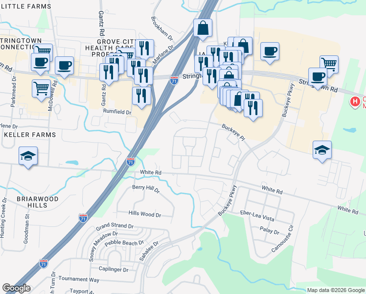 map of restaurants, bars, coffee shops, grocery stores, and more near 4335 Pillar Drive in Grove City