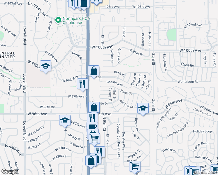 map of restaurants, bars, coffee shops, grocery stores, and more near 2930 Hawk Street in Federal Heights