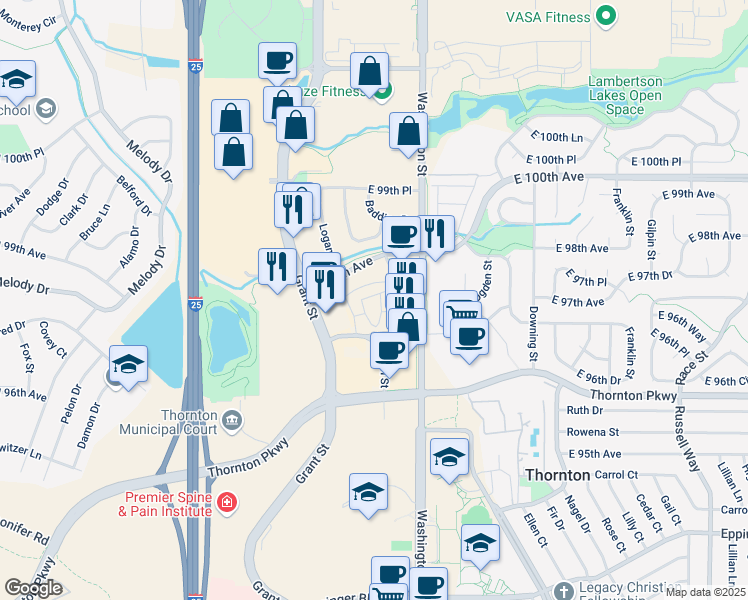 map of restaurants, bars, coffee shops, grocery stores, and more near 9701 Pearl Street in Thornton