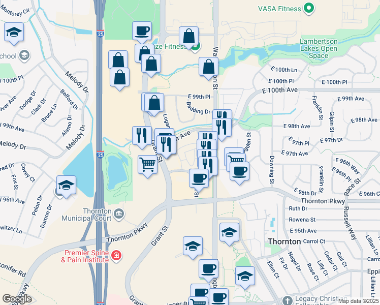 map of restaurants, bars, coffee shops, grocery stores, and more near 9701 Pearl Street in Thornton