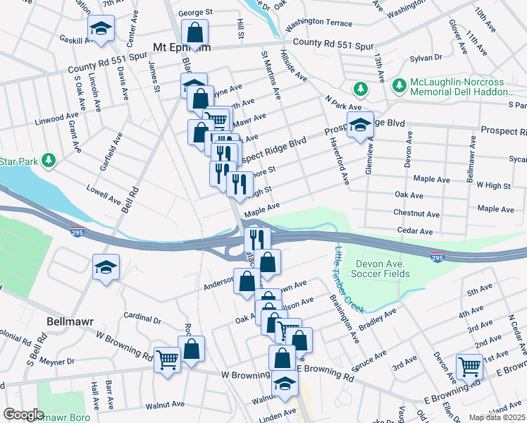 map of restaurants, bars, coffee shops, grocery stores, and more near 2004 West High Street in Haddon Heights