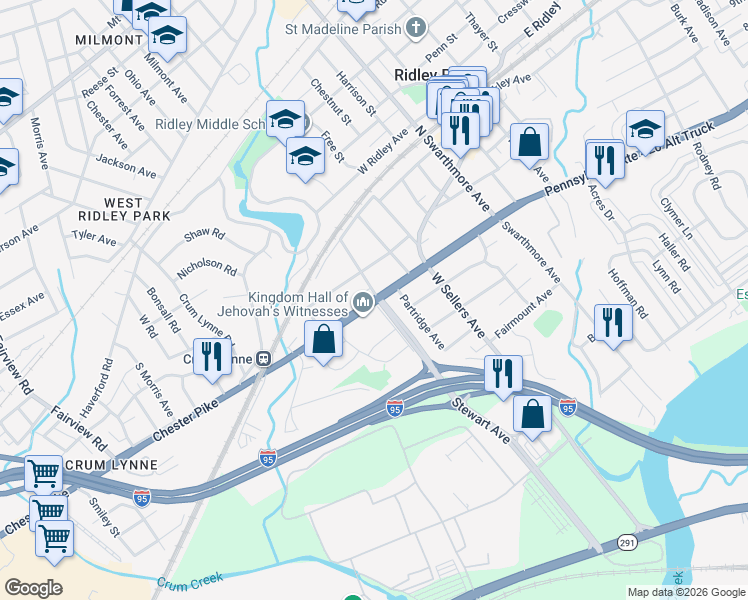 map of restaurants, bars, coffee shops, grocery stores, and more near 21 McCormick Avenue in Ridley Park