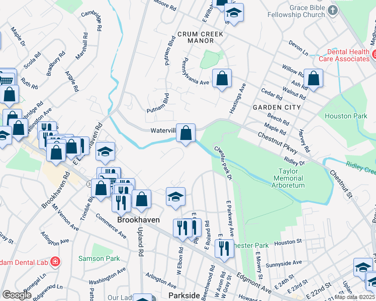 map of restaurants, bars, coffee shops, grocery stores, and more near 145 Meadowbrook Lane in Brookhaven