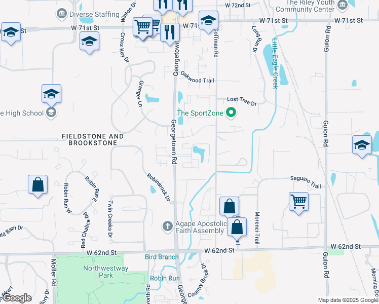 map of restaurants, bars, coffee shops, grocery stores, and more near 4870 Pendragon Boulevard in Indianapolis