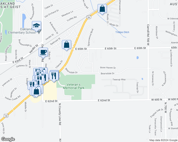 map of restaurants, bars, coffee shops, grocery stores, and more near 12212 Bearsdale Drive in Indianapolis