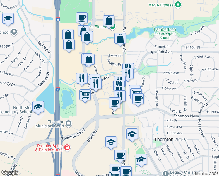 map of restaurants, bars, coffee shops, grocery stores, and more near 9701 Pearl Street in Thornton