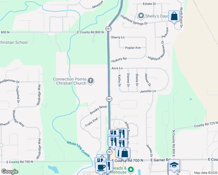 map of restaurants, bars, coffee shops, grocery stores, and more near 7547 Highway 267 in Brownsburg