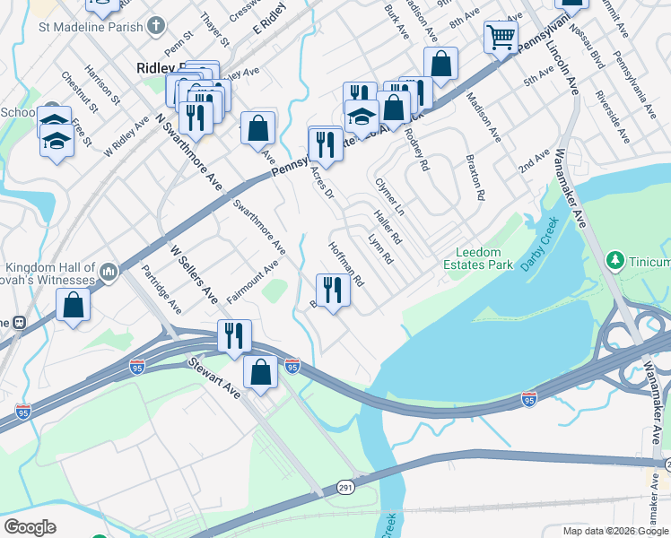 map of restaurants, bars, coffee shops, grocery stores, and more near 110 Stoney Hill Road in Ridley Park