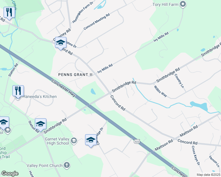 map of restaurants, bars, coffee shops, grocery stores, and more near 437 Concord Road in Glen Mills