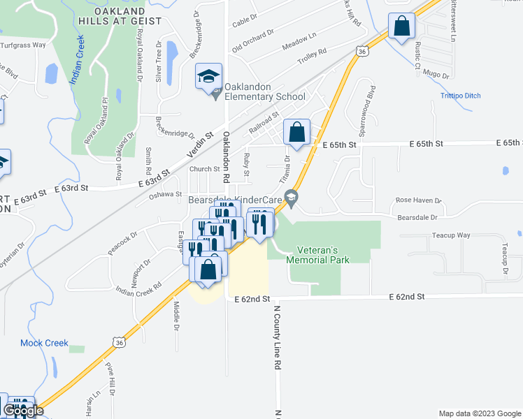 map of restaurants, bars, coffee shops, grocery stores, and more near 6364 Titania Drive in Indianapolis