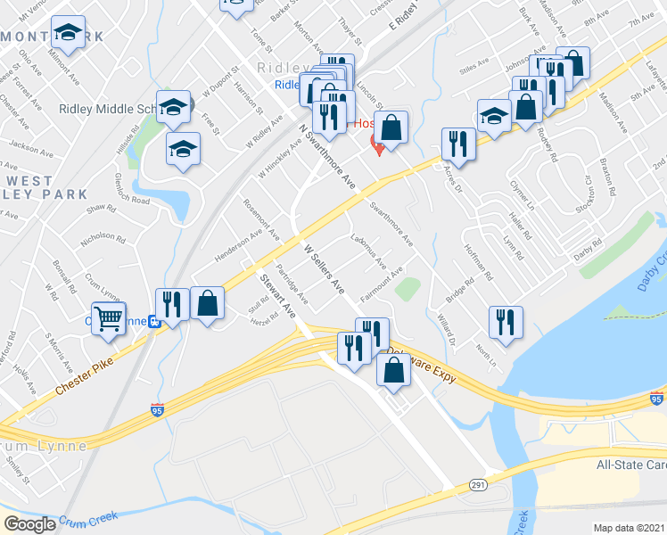 map of restaurants, bars, coffee shops, grocery stores, and more near 28 Delaware Avenue in Ridley Park