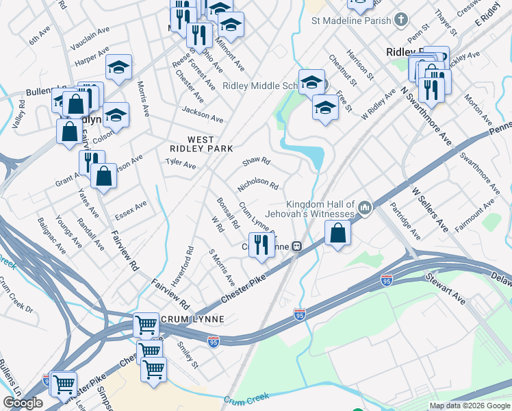 map of restaurants, bars, coffee shops, grocery stores, and more near 312 Nicholson Road in Ridley Park
