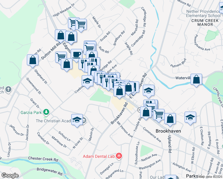 map of restaurants, bars, coffee shops, grocery stores, and more near 27 Maple Avenue in Brookhaven