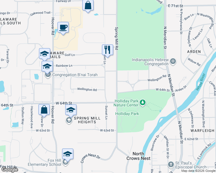map of restaurants, bars, coffee shops, grocery stores, and more near 6471 Sunset Lane in Indianapolis