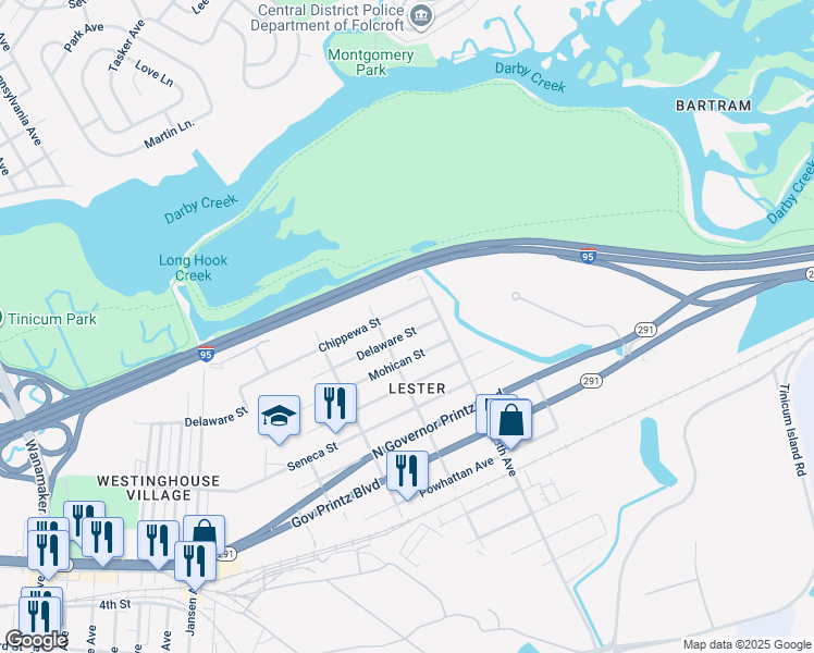 map of restaurants, bars, coffee shops, grocery stores, and more near 321 Delaware Street in Delaware County